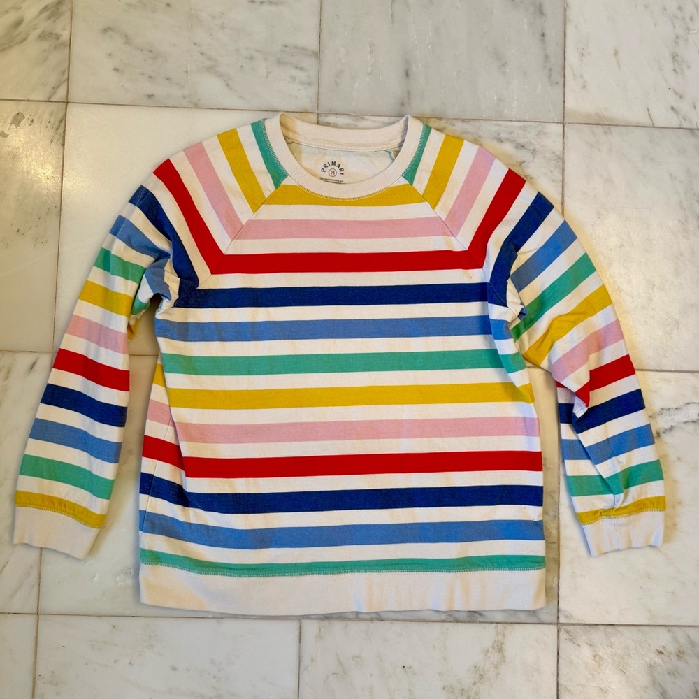PRIMARY Kids Lightweight Sweatshirt In Ivory Candy Stripe Rainbow, Size 14